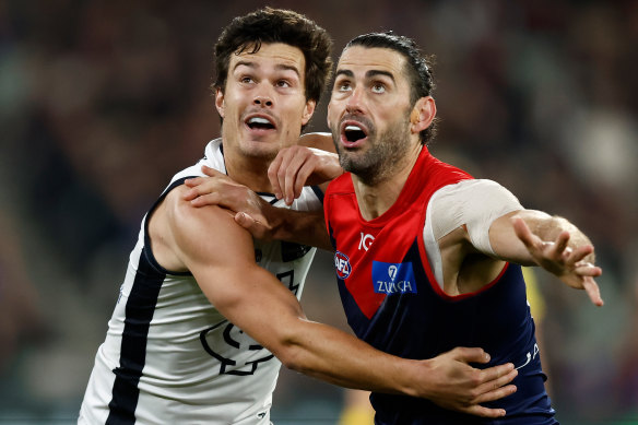 Ruck and roll: stand-in ruckman Jack Silvagni goes up against Brodie Grundy.