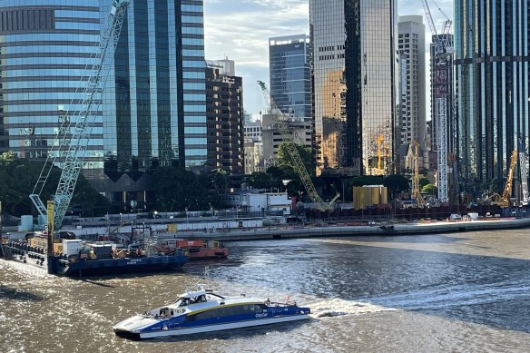 The Waterfront Brisbane construction site, as viewed from the Kangaroo Point Bridge. The pavilion would be built in front of Waterfront Place, the building to the left.