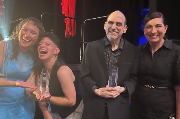 Part of the Breathe In team: (L-R) Crossroad Arts acting director Autumn Skuthorpe, writer/performer Georgia Cranko, and writer/performer Brenden Borellini, with Queensland Arts Minister Leeanne Enoch.