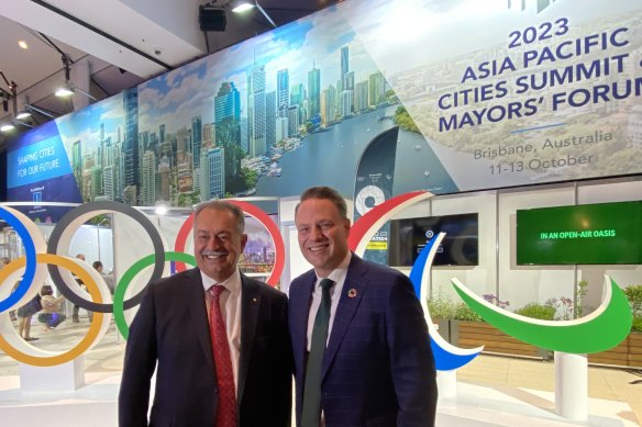 Mayor Adrian Schrinner, right, with Andrew Liveris, the president of the Brisbane Organising Committee for the 2032 Olympic Games, at the summit.
