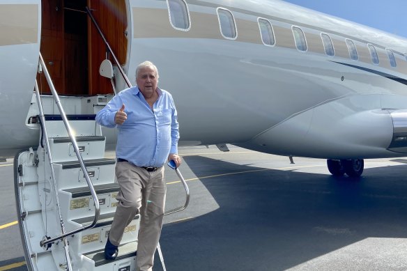 Clive Palmer disembarks from his private jet to campaign for the United Australia Party in Gladstone.