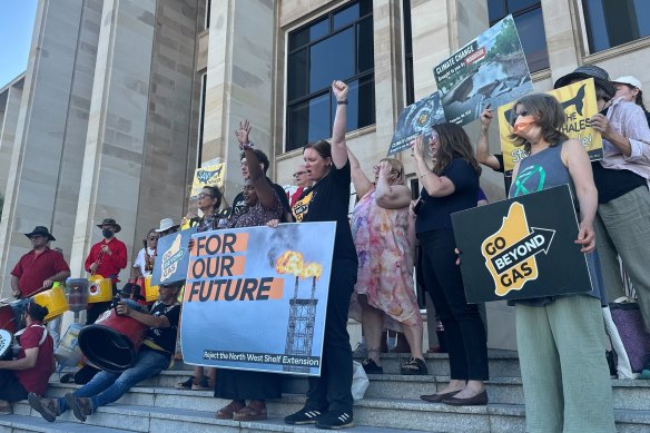 Protesters outside Parliament House rallying against the North West Shelf extension earlier this month.