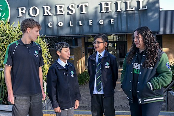Forest Hill College students Zac Rosso, Albert Teluk, Ty Hwee and Emily Youssef at the main gate.