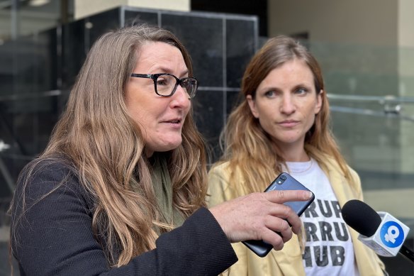 Woodside protester Kristen Morrissey outside court on Tuesday.