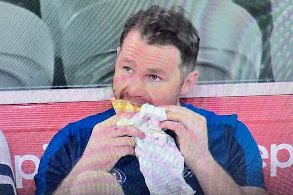 A Fox Footy camera caught Patrick Dangerfield munching on a kebab on the bench after being subbed out by Geelong against North Melbourne.