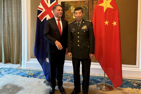 Defence Minister Richard Marles and Chinese General Li Shangfu at the Shangri-La dialogue on Saturday.