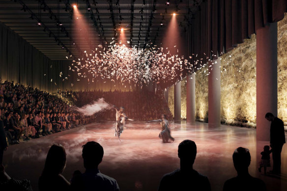 A render imagining what an Indigenous performance would have looked like if the Aboriginal Cultural Centre at Barangaroo had proceeded.