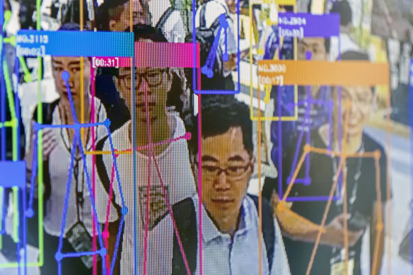 A screen demonstrates facial-recognition technology at the World Artificial Intelligence Conference in Shanghai. 