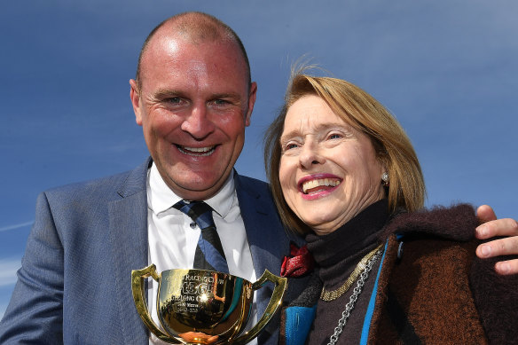 Anthony Mithen and Gai Waterhouse celebrate Runaway's 2018 Geelong Cup victory.