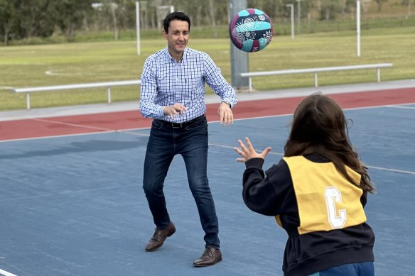 LNP leader David Crisafulli at the Barmaryee Sports Precinct at Yeppoon, where he announced a $4.5 million commitment to Capricorn Coast Netball to build four new hard courts, where grass courts currently exist, as well as new lighting.