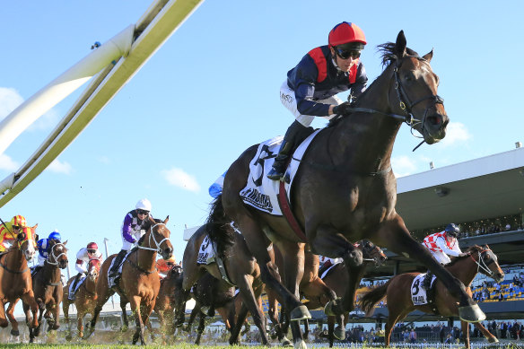 Kerrin McEvoy rides I Am Superman to victory in the Iron Jack Shannon Stakes at Rosehill.