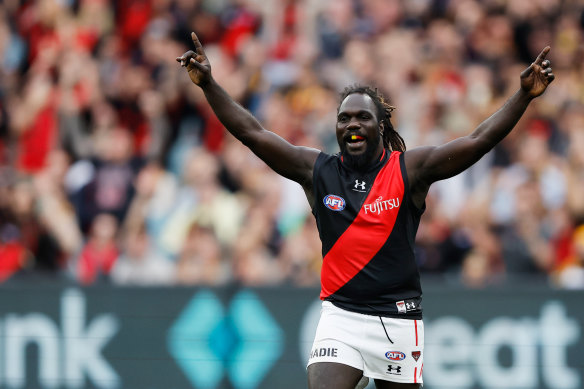 Anthony McDonald-Tipungwuti celebrates his goal against Hawthorn.