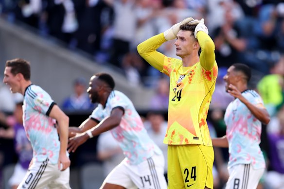 Matt Freese looks on in disbelief after Belgium score their third goal. 