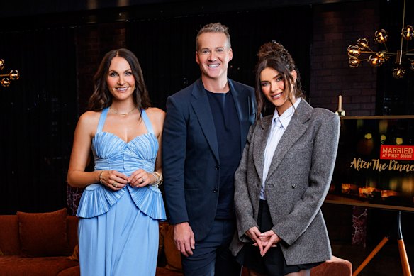 Laura Byrne, Jules Lund and Brittany Hockley host MAFS: After the Dinner Party. 