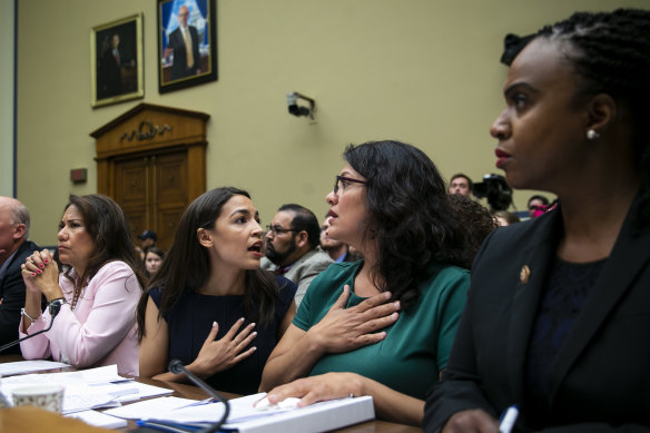 The four Democrat congresswomen attacked by Trump – Ayanna Pressley, Alexandria Ocasio-Cortez, Rashida Tlaib and Ayanna Pressley – testify before the House Oversight Committee hearing on family separation and detention centres.