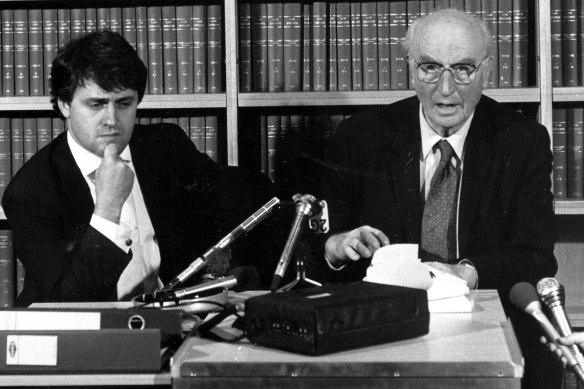 Malcolm Turnbull and Spycatcher author Peter Wright at a press conference in Sydney to discuss developments in the Spycatcher case, December 1986.