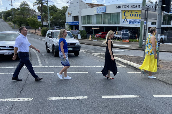 Lord Mayor Adrian Schrinner (left) and LNP colleagues making a roads announcement in Brisbane.