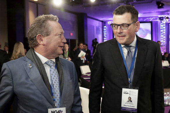 Businessman Andrew “Twiggy” Forrest and then-premier Daniel Andrews in Washington in 2018.