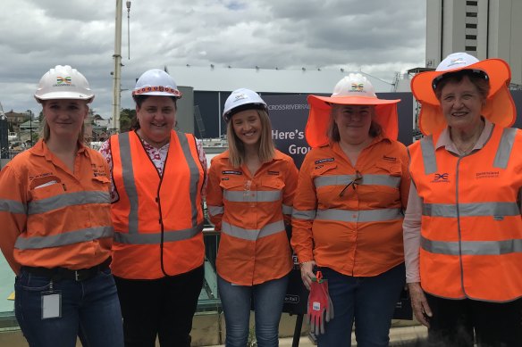 Professor Else Shepherd AM (right) poses with female engineers working on Brisbane's Cross River Rail project: (from left) Alena Conrads, Kylee Bishop, Megan Wood and Bridget Goldsworthy. 