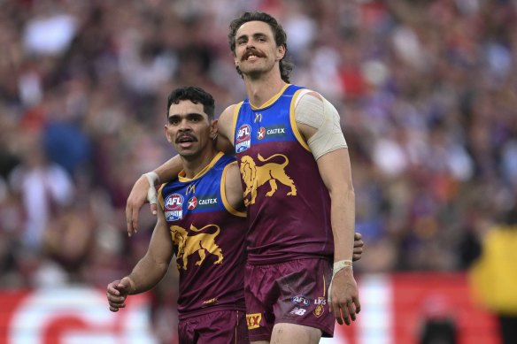 Star Brisbane Lions forwards Joe Daniher (right) and Charlie Cameron.