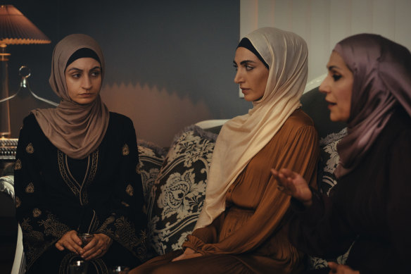 Batul (Maia Abbas), left, is one of the newly elected Sheikh Mohammad’s daughters, and has serious ambitions of her own. Jamila (Priscilla Doueihy), centre, is the daughter of his rival, Sheikh Shaaker.