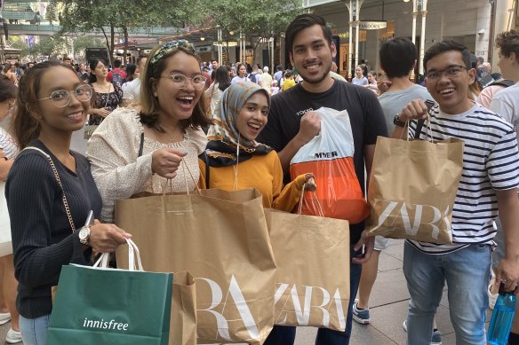 Randwick residents Nurul Aida, Hanis Fatehah, Dang Anum, Hazrain Arsyad and Faiz Mahmud at the Boxing Day sales.