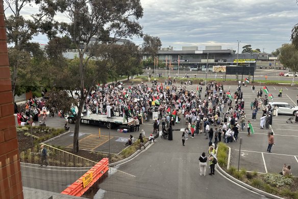 A crowd of pro-Palestinian activists and community members outside Broadmeadows Town Hall on Monday night.