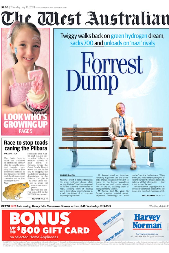 The front page of The West Australian on Thursday.