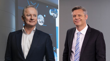 Outgoing Nine CEO Hugh Marks (left) and Seven boss James Warburton (right) have been trying to sell their transmission tower company all year.