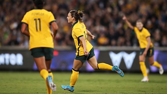 Hayley Raso after scoring for the Matildas against New Zealand in April last year.