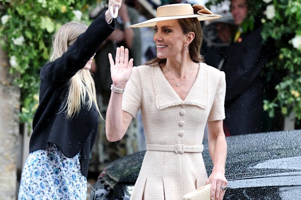 Catherine, Princess of Wales departs from the Royal wedding of Peter Phillips and Harriet Sperling at All Saints' Church on June 06, 2026 in Kemble, England.