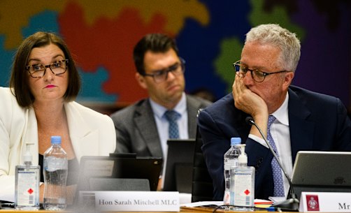 NSW Minister for Education and Sarah Mitchell and Education Department secretary Mark Scott at a budget estimates hearing at Parliament House