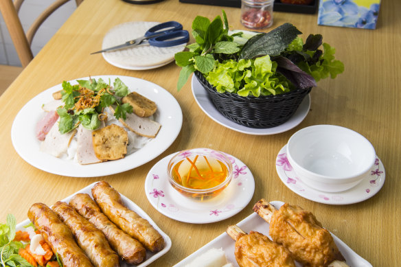 Spring rolls and sugar cane prawns at Phu Quoc in Cabramatta. 