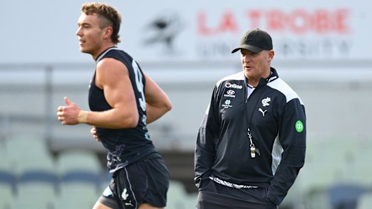 Michael Voss watches on as Carlton train on Monday.