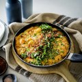 Potato gem and three-cheese frittata with spicy tomato salsa. Katrina Meynink's frittata recipes for Good Food May 2021. Please credit Katrina Meynink. Good Food use only.