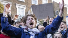 It’s over. Chelsea fans celebrate outside the team’s Stamford Bridge stadium in west London. 