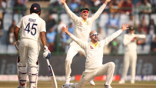 Nathan Lyon appeals for a wicket.