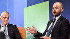 Adam Copp, CEO of Infrastructure Australia, right, in conversation with Brisbane bureau chief Mark Ludlow at The Australian Financial Review Infrastructure Summit on Monday.