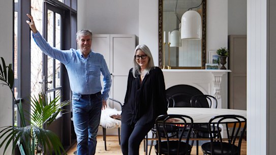 Carson and Giovannini in their dining space, with a Pietro Russo table from Criteria. “It’s a stunning daytime room, and soft and intimate by night,” she says.