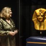 Photos of the installation of Gold Gilded mask from the coffin of Amenempe  as part of the  Rameses exhibition at The Australian Museum. Pictured is  Australian Museum Director and CEO Kim McKay
