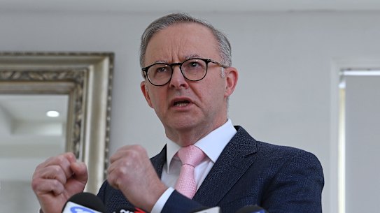 Prime Minister Anthony Albanese during a press conference after a tour talking with staff including apprentices at Cerrone Jewellers in Leichhardt.