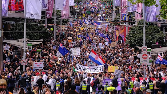 Protesters march through central Melbourne on Saturday.