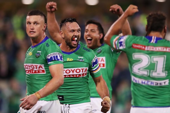 The Raiders celebrate their come-from-behind win.