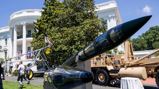 A Terminal High Altitude Area Defense (THAAD) anti-ballistic missile defence system on display at the White House in 2019.
