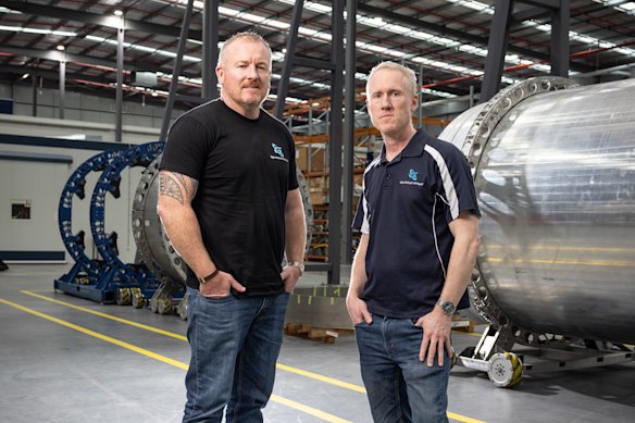 James (left) and Adam Gilmour at Gilmour Space Technologies’ HQ. “The demand [for orbital launch spacecraft] is so huge, all you need is a functional rocket and you will win,” Adam says.