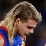 MELBOURNE, AUSTRALIA - JUNE 03: Bailey Smith is seen after being reported for head butting during the 2022 AFL Round 12 match between the Western Bulldogs and the Geelong Cats at Marvel Stadium on June 03, 2022 in Melbourne, Australia. (Photo by Dylan Burns/AFL Photos via Getty Images)