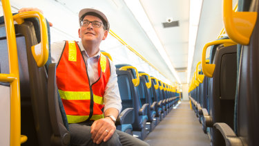 Premier Daniel Andrews  on board a new VLocity train in Dandenong on Monday.