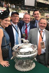 Justifiably proud: SF Bloodstock team Katie Ryan, Tom Ryan, Henry Field, Mick Flanagan and Gavin Murphy with the Belmont Stakes trophy.