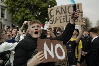 Chelsea fans protest against the proposed Super League outside Stamford Bridge on Tuesday.