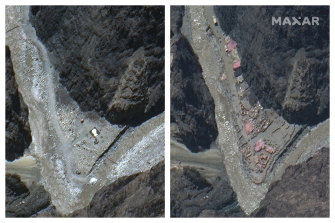 This combination of images taken a month apart shows construction on June 23 in the Galwan river valley near the disputed border known as the Line of Actual Control between India and China. 